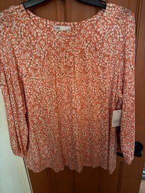 Croft & Barrow Coral and White Leaf-Print Top